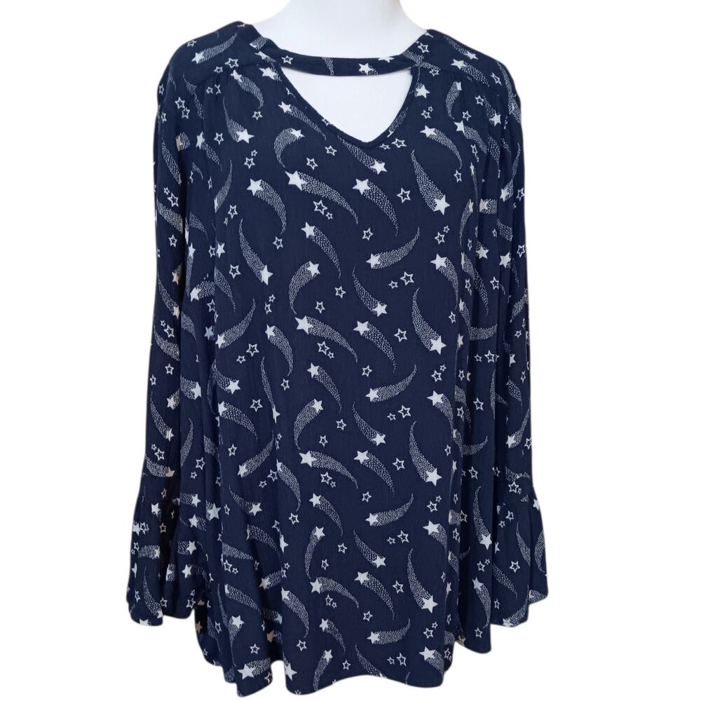 LANE BRYANT Long Tunic Top Blouse Plus‎ 18-2X Flowy Flutter Pockets Stars Blue
